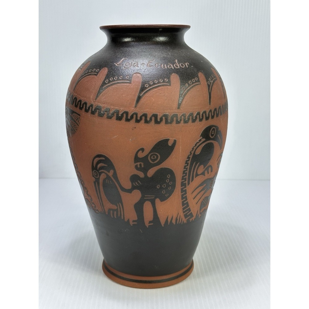 VTG Loja Ecuador Art Pottery Vase Aztec Insized Design 1997 Signed 12" Handmade